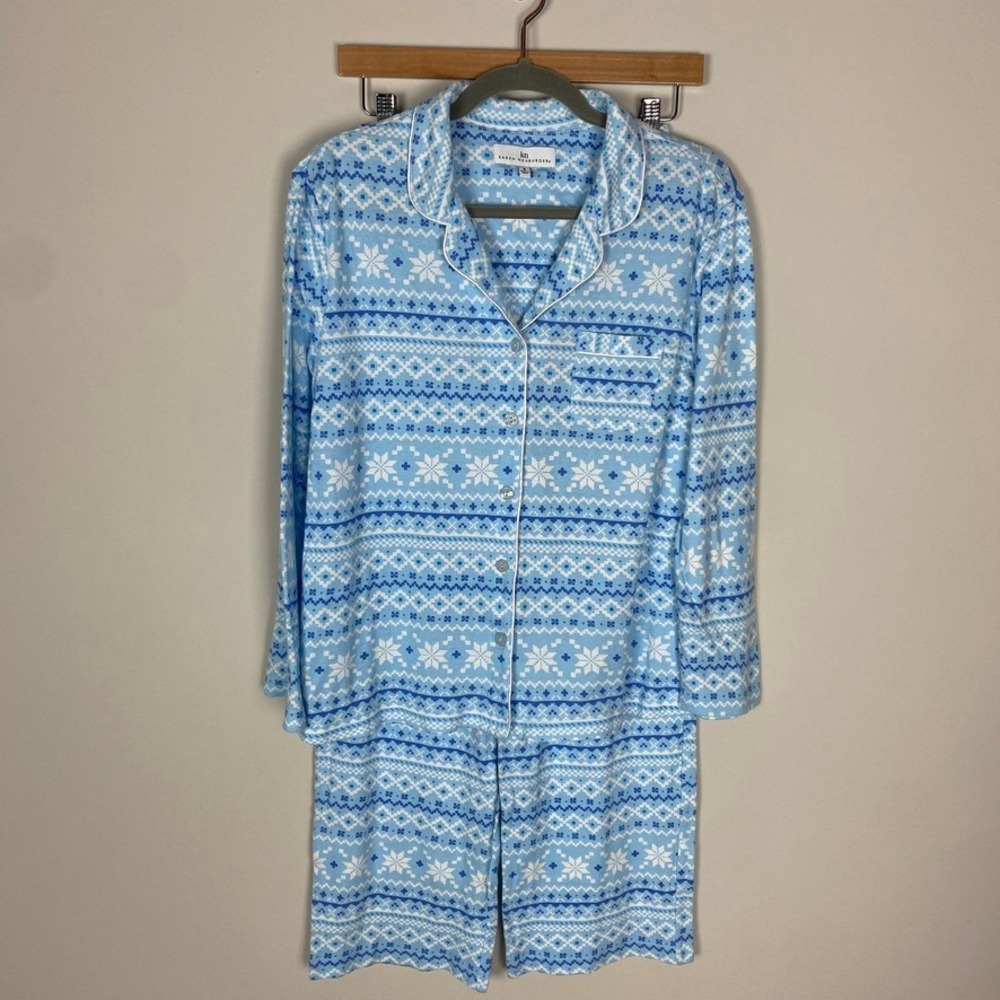 Karen Neuburger Pajama Set Snowflake Fair Isle Print Blue Sleepwear Womens Small
